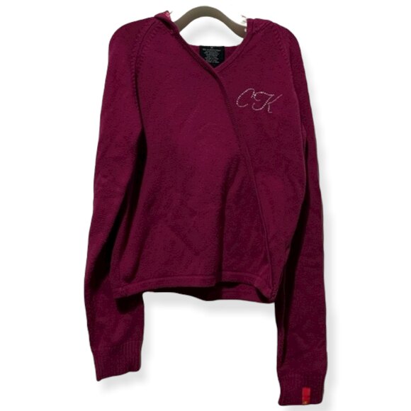 Calvin Klein Jeans V-Neck Knit Hoodie Sweater Magenta Size Medium Vintage - Picture 2 of 6
